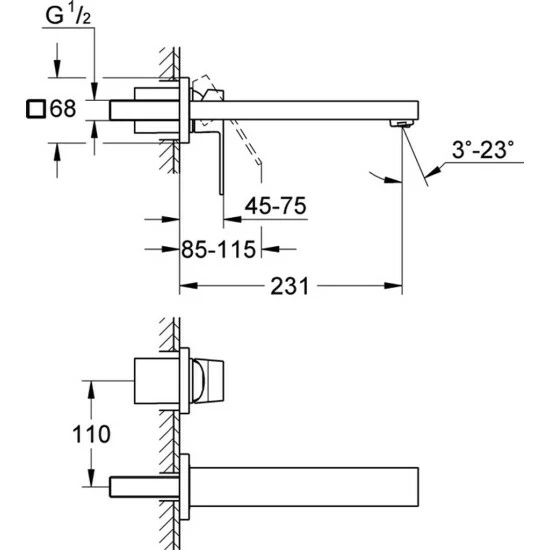 Grohe 2-Loch-Waschtischbatterie EUROCUBE Wandmontage Ausladung 231 Mm Chrom – Bild 3
