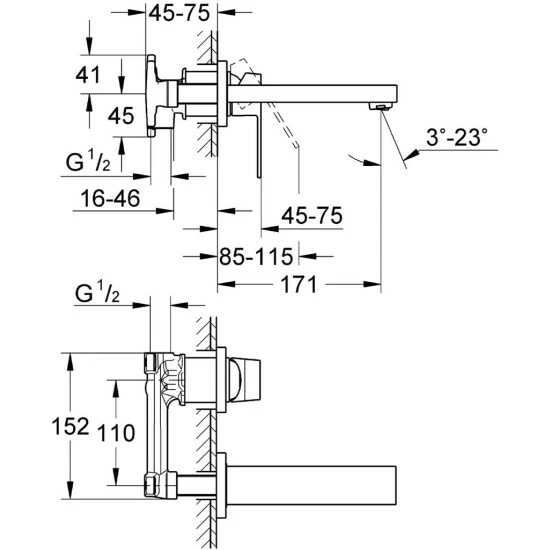 Grohe 2-Loch-Waschtischbatterie EUROCUBE Wandmontage Ausladung 231 Mm Chrom – Bild 6