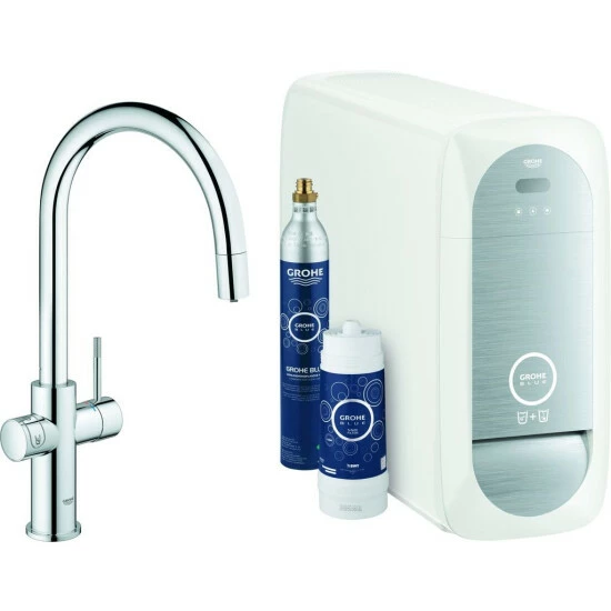 Grohe Starter-Kit BLUE HOME Spültischbatterie C-Auslauf Supersteel