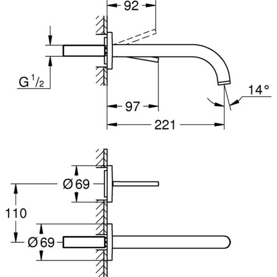 Grohe 2 Loch Waschtisch Wandarmatur Atrio 19918 FMS Ausladung 221mm Supersteel, 19918DC3